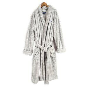 Tommy Bahama Plush Robe Mens L/XL Gray White Pockets Logo Belted Cuffed Soft